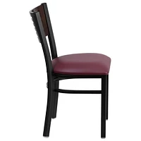 2 Pk. HERCULES Series Black Slat Back Metal Restaurant Chair - Walnut Wood Back, Burgundy Vinyl Seat