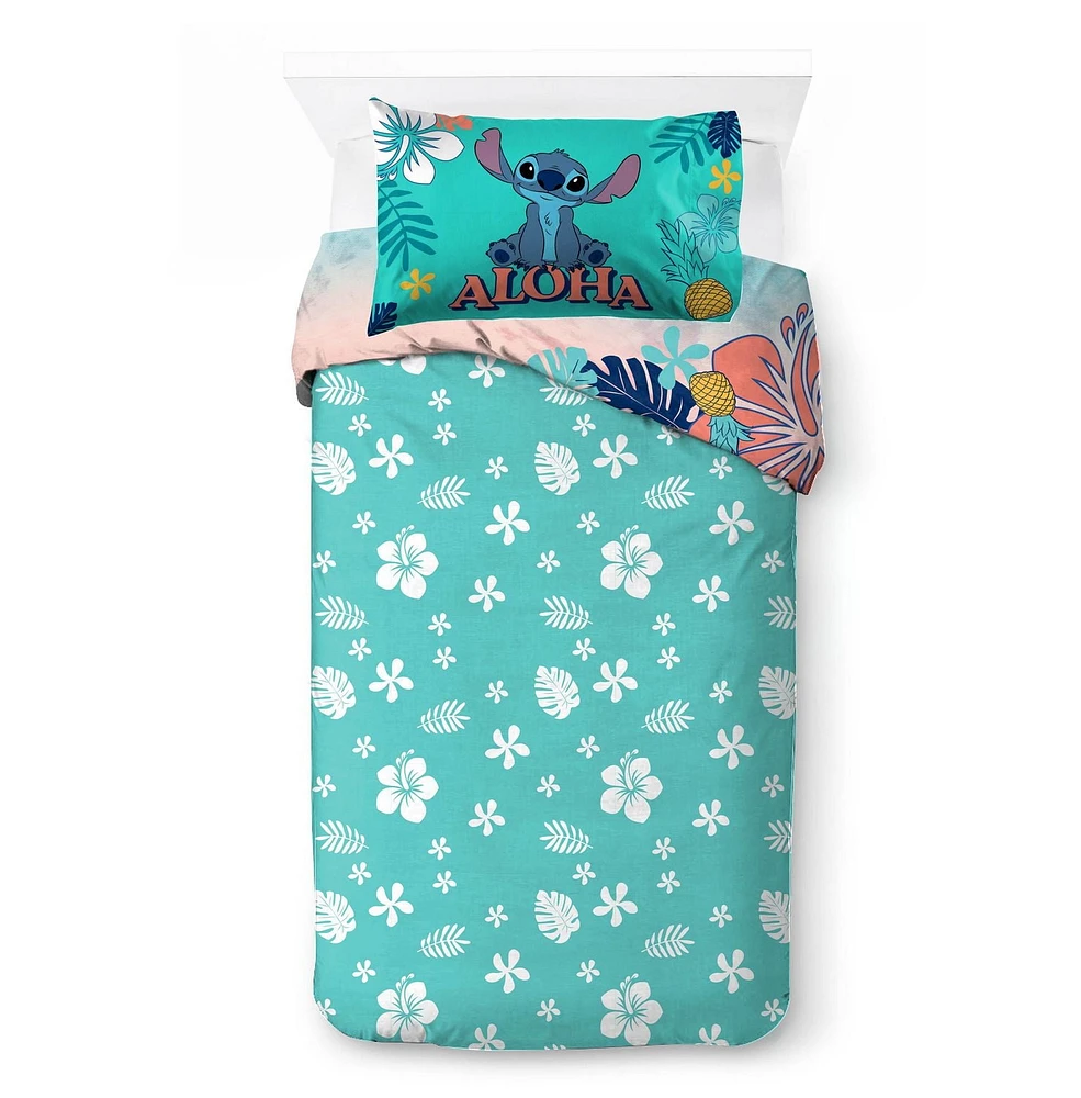 Lilo & Stitch Ensemble de Douillette et Taie d'Oreiller Réversible pour Lit 1 ou 2 Places pour Enfants, 100% Polyester