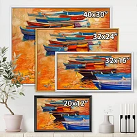 Designart Bateaux dans le port pendant le coucher du soleil chaud de Colourd I ART MURAL À CADRE FLOTTÉ