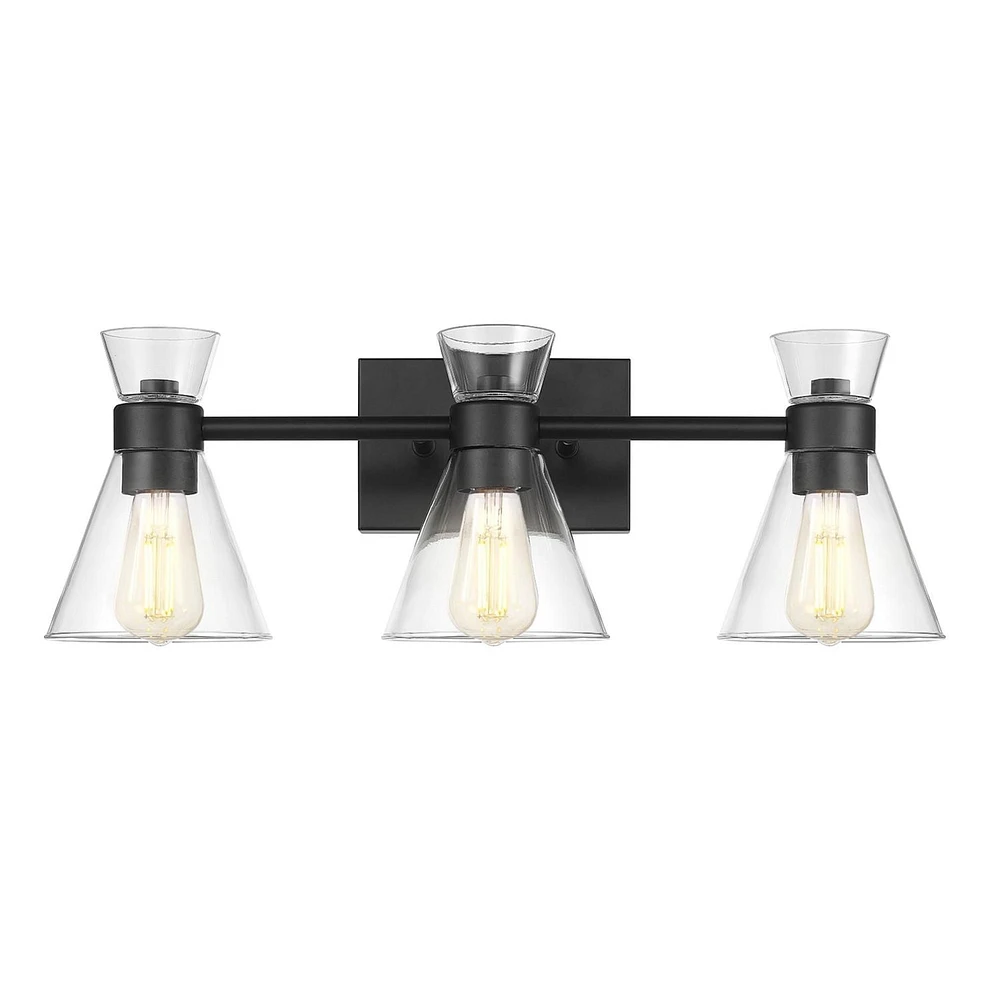 Applique murale à 3 ampoules noir mat avec abat-jours en verre transparent
