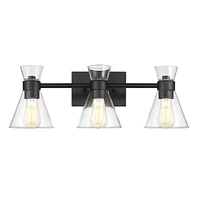 Applique murale à 3 ampoules noir mat avec abat-jours en verre transparent