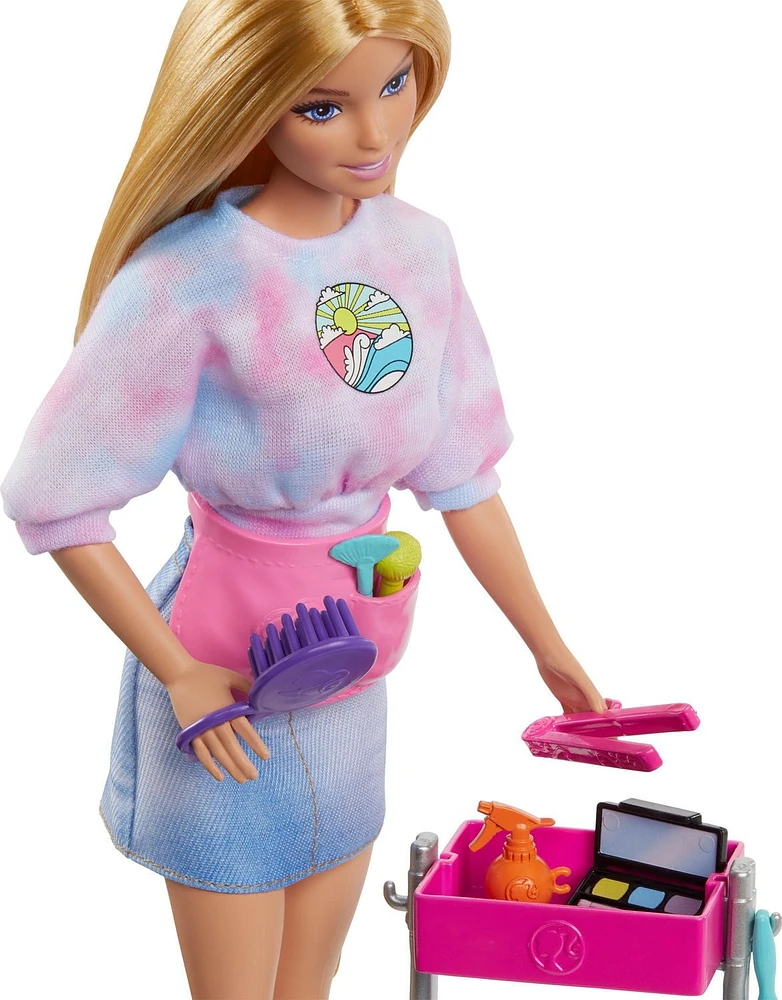 Barbie “Malibu” Stylist Doll & 14 Accessories Playset, Hair & Makeup Theme with Puppy & Styling Cart, Ages 3+
