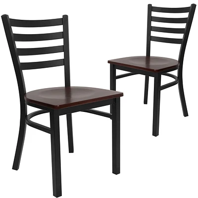 Lot de 2 pièces - Chaise de restaurant de la série HERCULES en métal noir avec dossier échelle - siège en bois d'acajou