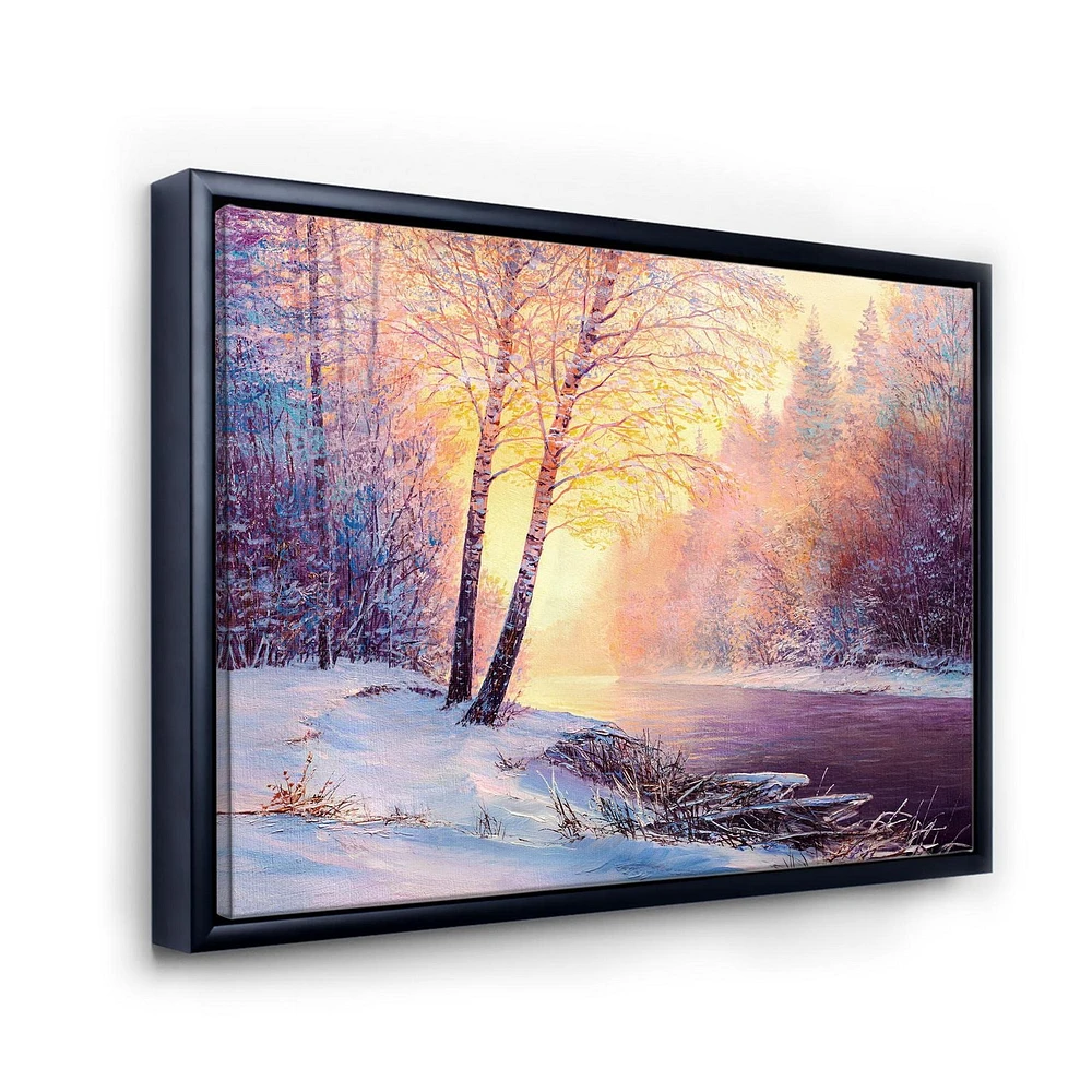 Designart Paysage d'hiver avec pont de la rivière sinueuse II ART MURAL À CADRE FLOTT