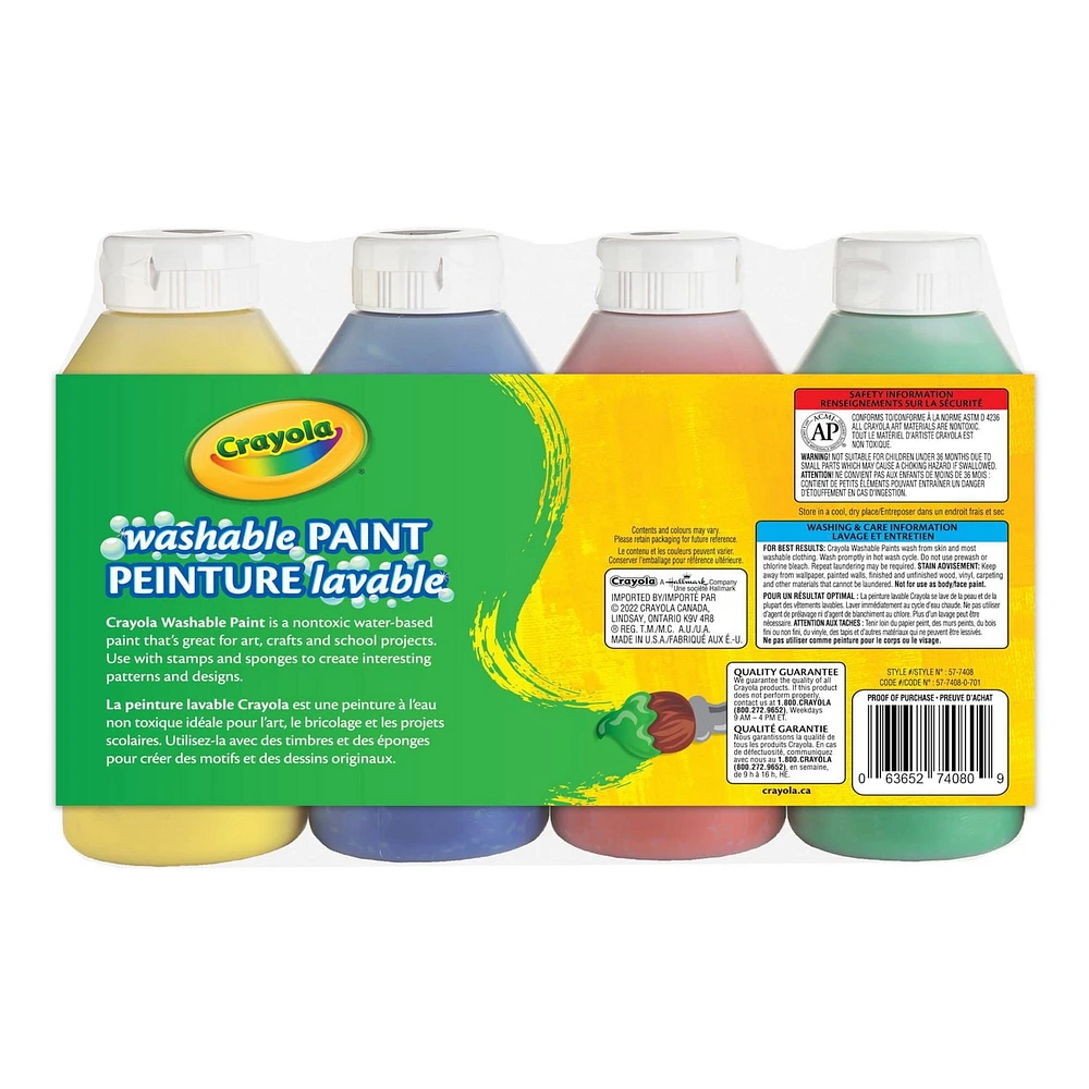 Crayola Washable Paint, 4 Pack, 4 - 236 ml bottles of washable paint