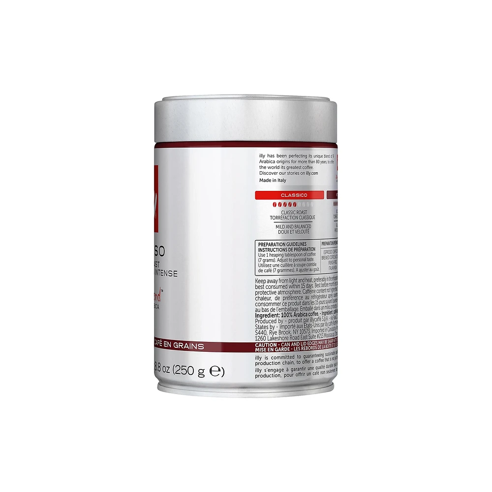 illy Whole Bean Coffee Dark Intenso Bold Roast, 8.8 oz, • Unique pressurized coffee packaging preserves flavor • Sourced from the finest 100% Arabica coffee • Intense, full-flavored taste