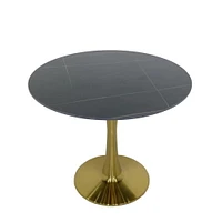 Kenlyn Dining Table,sleek black sintered stone, sturdy base in a brushed gold brass finish. This 35.5-inch table exudes modern elegance and sophistication
