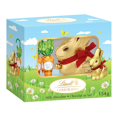 Boîte-cadeau Lapin de Pâques en chocolat au lait GOLD BUNNY avec carottes de Lindt, 154g