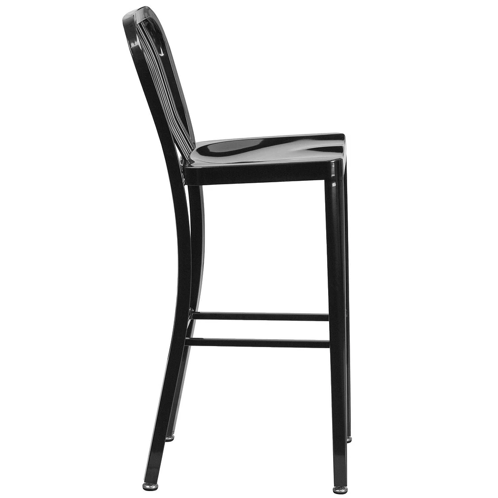 Tabouret de bar en métal noir de 30 pouces de hauteur pour l'intérieur et l'extérieur avec dossier à traverses verticales