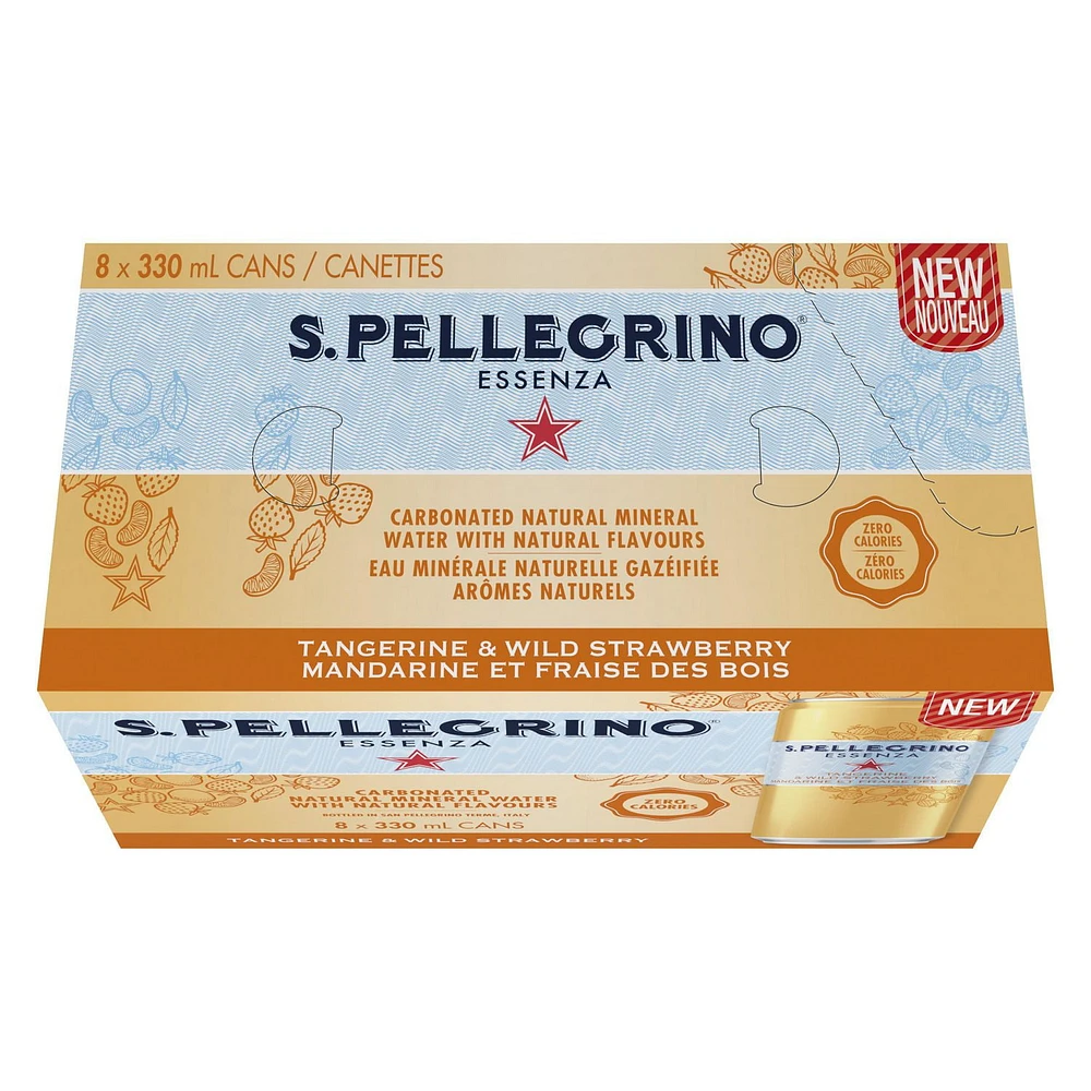 SAN PELLEGRINO ESSENZA Sparkling Water Tangerine & Wild Strawberry, 8 x 330mL Cans