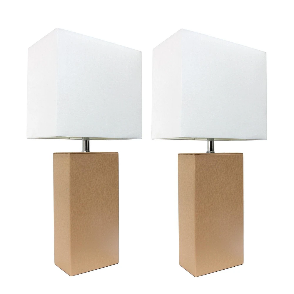 Pack de 2 lampes de table modernes en cuir avec abat-jour en tissu blanc, beige, Elegant Designs