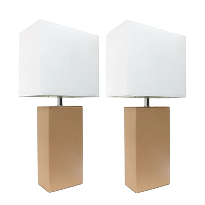 Pack de 2 lampes de table modernes en cuir avec abat-jour en tissu blanc, beige, Elegant Designs