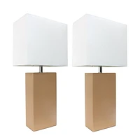 Pack de 2 lampes de table modernes en cuir avec abat-jour en tissu blanc, beige, Elegant Designs