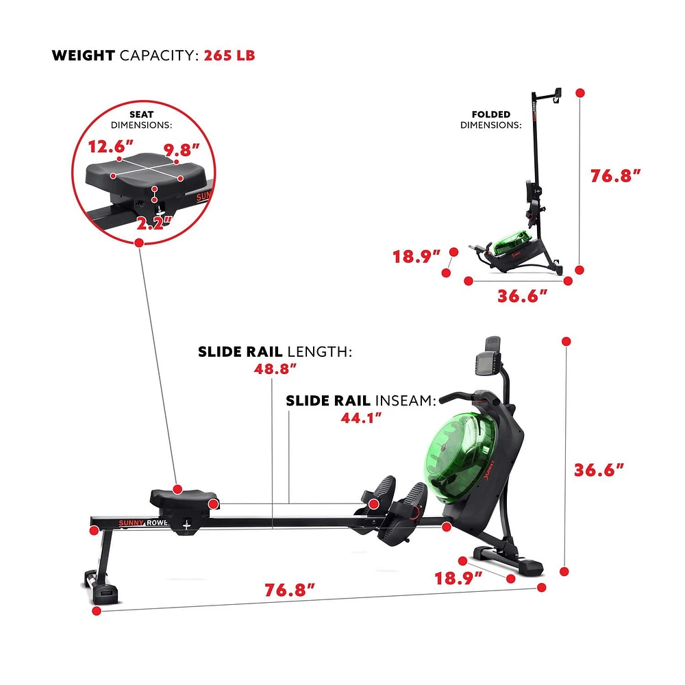 Sunny Health & Fitness Machine à ramer élite avec réservoir vertical à haute résistance, application SunnyFit Bluetooth exclusive