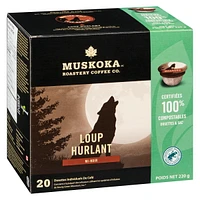 Dosettes de café Loup Hurlant de Muskoka Roastery Coffee Co. à torréfaction foncée moyenne en emballage d'une portion