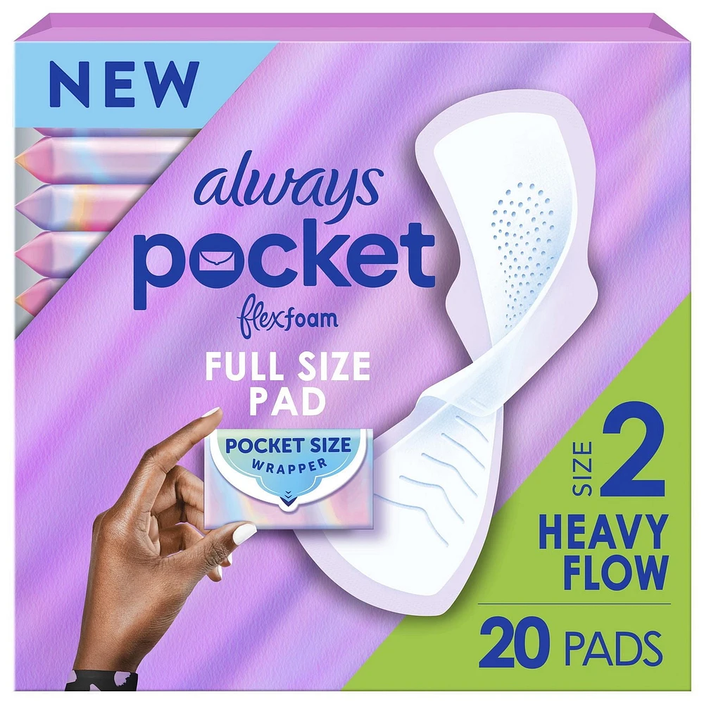 Always Pocket Feminine Pads with FlexFoam, Size 2, Heavy Flow, with Wings, Unscented, 20CT