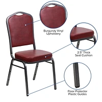 Lot de 4 pièces - Chaise de banquet empilable de la série HERCULES avec dossier couronne en vinyle bourgogne - Cadre veine d'argent