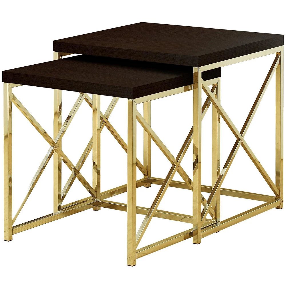 Monarch Specialties Tables Gigognes, Lot De 2, Côté, Bout, Métal, Accent, Salon, Chambre À Coucher, Métal, Stratifié, Brun, Or, Contemporain, Moderne
