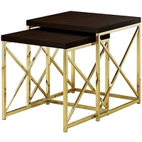 Monarch Specialties Tables Gigognes, Lot De 2, Côté, Bout, Métal, Accent, Salon, Chambre À Coucher, Métal, Stratifié, Brun, Or, Contemporain, Moderne