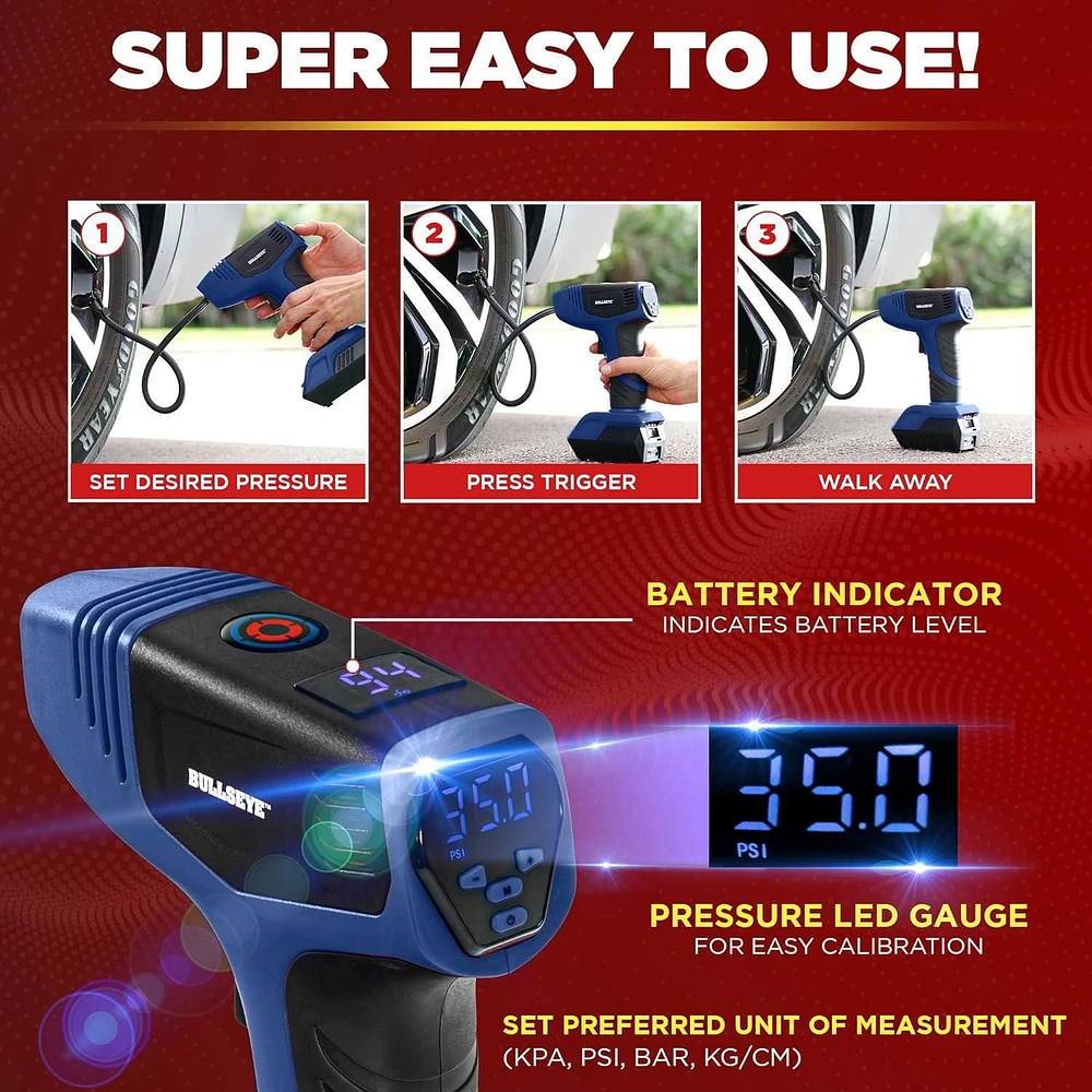 Bullseye Pro Digital Tire Pressure Gauge Air Pump 150 PSI w/Gauge Display Screen, Royal Blue, As Seen On Tv