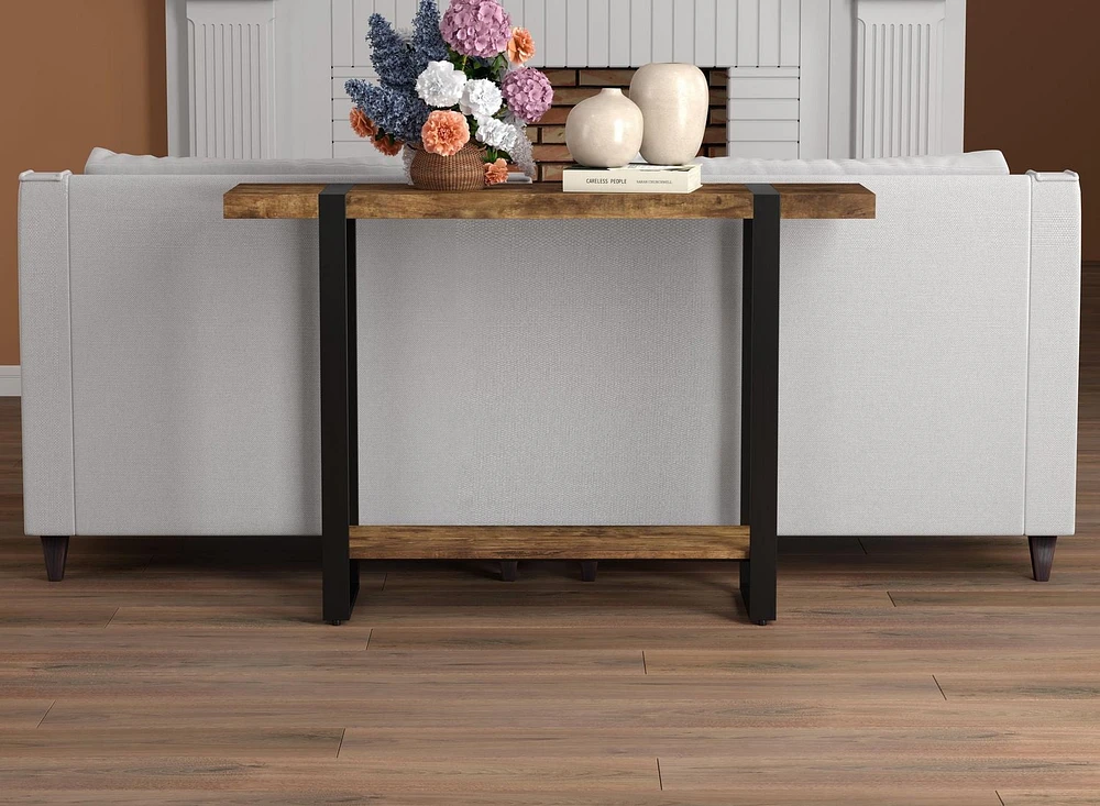 Safdie & Co. Console Table, 1 Shelf, Brown Reclaimed Wood Top & Black Metal Legs.