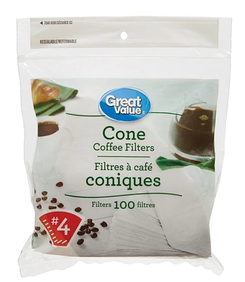 Great Value No. 4 Cone Coffee Filters, Pack of 100