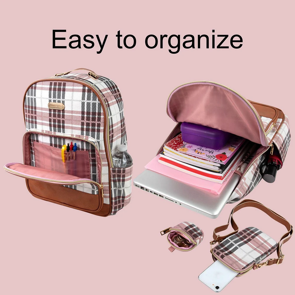 Madison & Dakota 3 Piece Multi-Pocket Backpack with Laptop Electronics Pocket, Removable Crossbody Cellphone Carrier and Removable AirPods Keychain Stash Pouch in Teal & Petal Pink Floral
