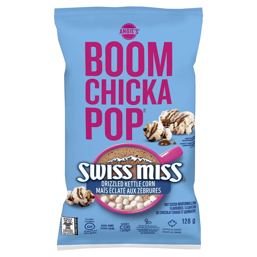 Angie's BOOMCHICKAPOP, Swiss Miss Drizzled Kettle Corn, Hot Cocoa Marshmallow Flavoured, Certified Gluten-Free, Non-GMO, No Artificial Colours, 128g, a seasonal whole grain popcorn, Kosher snack, A seasonal whole grain, Non GMO, Kosher, gluten free snack