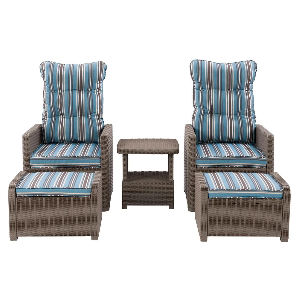 CorLiving Lake Front 5pc Rust Proof Resin Wicker Patio Recliner and Ottoman Set