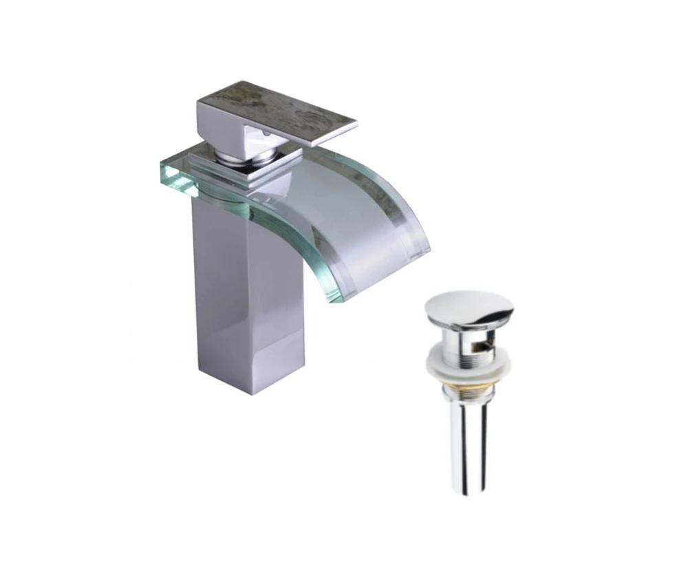 DROP Bath and Kitchen DR091472 Robinetterie pour lavabo de salle de bain de forme carrée en couleur chrome de la série Transparent - comprend une bonde avec trop-plein.