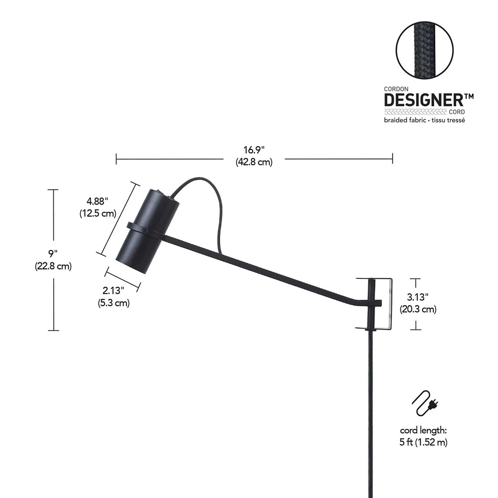 Applique murale enfichable à 1 ampoule à DEL Series.01.WS de MRDK x Globe, bras pivotant, abat-jour ajustable, noir mat