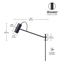 Applique murale enfichable à 1 ampoule à DEL Series.01.WS de MRDK x Globe, bras pivotant, abat-jour ajustable, noir mat