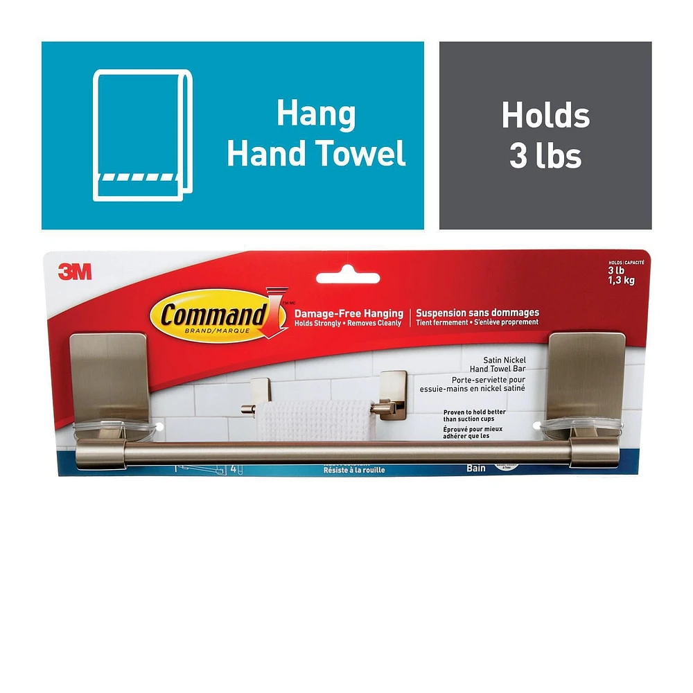 Porte-serviette à mains pour la salle de bain Command(MC), BATH41-SN-EF, nickel satiné, 1,4 kg (3 lb) BATH41-SN-EF, nickel satiné