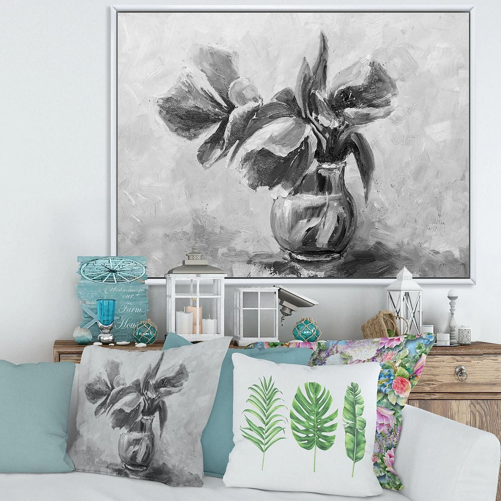 Designart Nature morte monochrome de fleurs dans un vase ART MURAL À CADRE FLOTTÉ