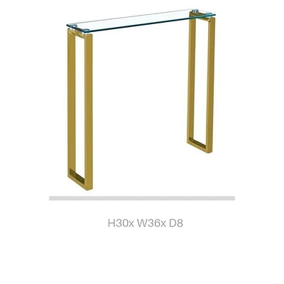 Table console Gyna de taille moyenne 8x36 avec plateau en verre et pieds dorés brillants pour entrée, couloir ou espaces de vie