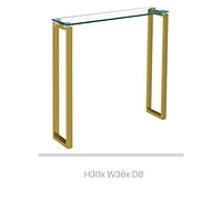 Table console Gyna de taille moyenne 8x36 avec plateau en verre et pieds dorés brillants pour entrée, couloir ou espaces de vie