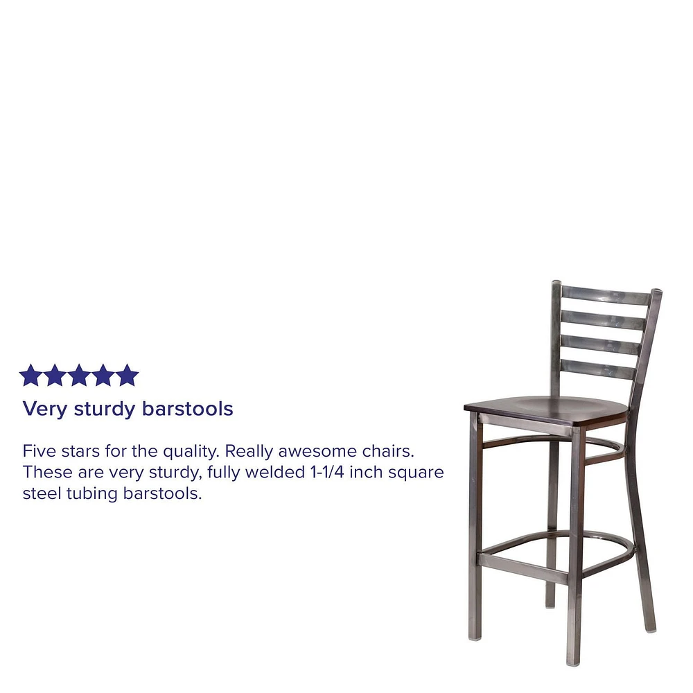 HERCULES Series Clear Coated Ladder Back Metal Restaurant Barstool - Walnut Wood Seat