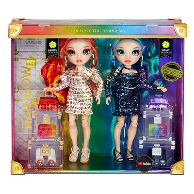 Poupées-mannequins Rainbow High de série spéciale, paquet de 2 jumelles, Laurel & Holly De'Vious –vêtues de tenues imprimées métallisées aux couleurs de l’arc-en-ciel avec accessoires de poupée – exce