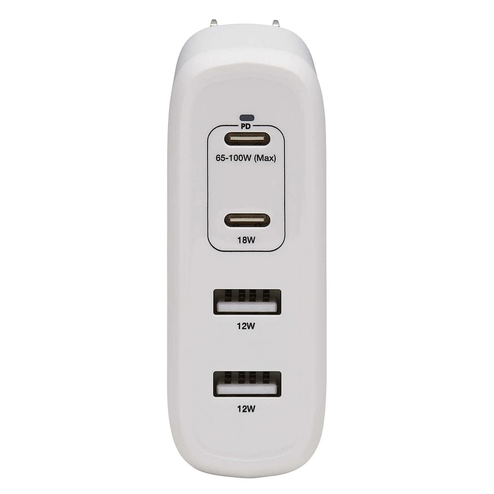 Tripp Lite 4-Port USB Wall Charger, 100W PD, GaN Tech, 2 USB-C & 2 USB-A Ports, White