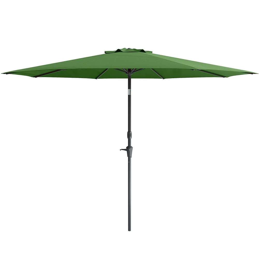 Parasol de marché rond inclinable résistant au vent de 10 pieds CorLiving avec manivelle et cadre en aluminium et en acier