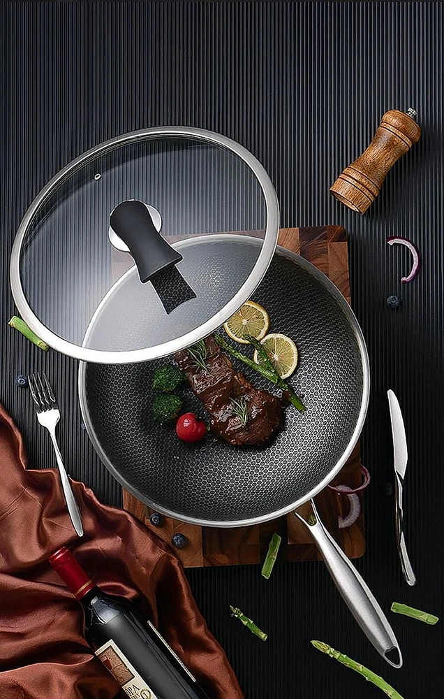 Sunwealth ALMOST NON-STICK 7-Layer 18/8 Stainless Steel Full Honeycomb Wok with Free-standing Glass Lid.