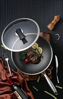 Sunwealth ALMOST NON-STICK  7-Layer 18/8 Stainless Steel Full Honeycomb Wok with Free-standing Glass Lid.