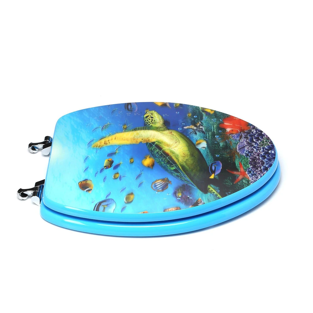 TopSeat High Res 3D Image Sea Turtle Elongated Regular Lid Closure Chromed Metal Hinges Toilet Seat