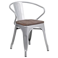 Lot de 4 - Chaise en métal argenté avec siège et accoudoirs en bois
