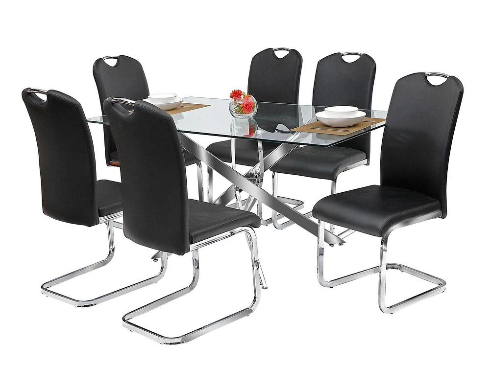 Ensemble de salle à manger K-Living Truro 7PCS avec verre trempé rectangulaire de 60 "avec table de base chromée et chaises en PU noir (1 table et 6 chaises)