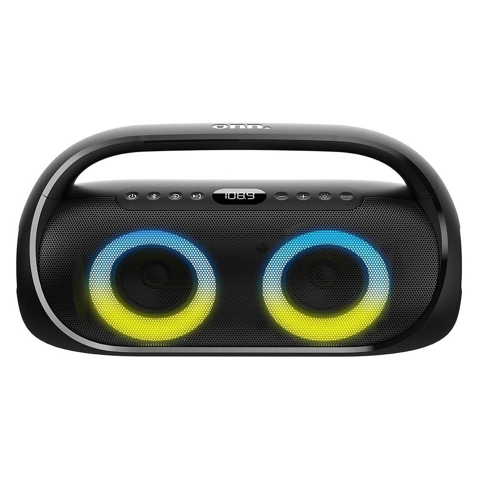 onn. Bluetooth Portable FM Boombox with Multicolour LED Lighting, 16 Hours Playtime