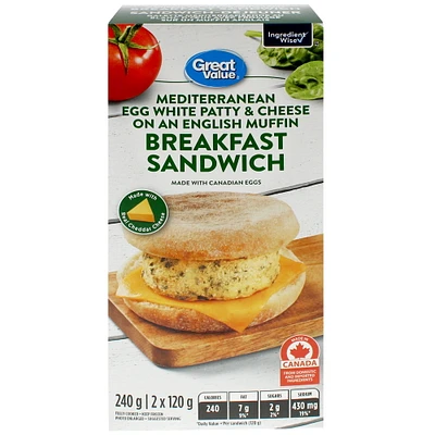 Sandwich-déjeuner Galette méditerranéenne au blanc d’œuf avec fromage sur un muffin anglais Great Value GV MD OUF MFN ANG