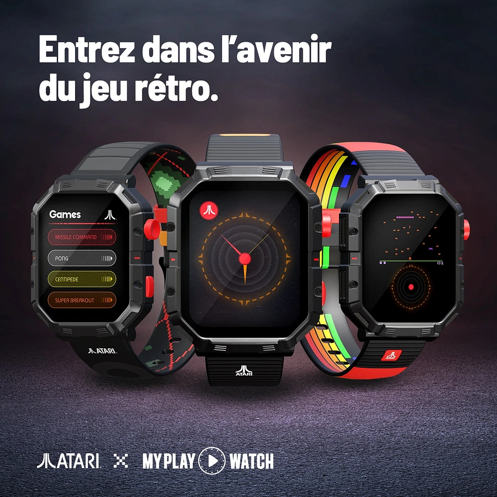 Montre My Play Watch Atari 2600™ – Montre intelligente de jeu rétro avec technologie sélective, non connectée, jeux Centipede™, Pong™, Missile Command™, Super Breakout™ intégrés, moniteur d’activités