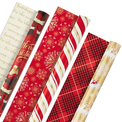 Papier d'emballage réversible de Noël, Hallmark, père Noël classique (Paquet de 3 rouleaux : 120 pieds carrés au total) flocons de neige rouges et or, rayures, motif écossais, traîneau du père Noël