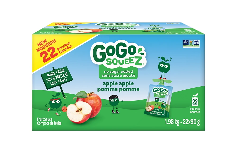 GoGo squeeZ Fruit Sauce, Apple Apple, No Sugar Added. 90g per pouch, Pack of 22, 22x90gr pouches (1.98kg)